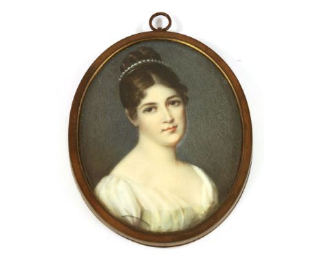 English School, early 19th centuryPORTRAIT OF A YOUNG LADY, BUST LENGTH, IN A WHITE DRESSMiniature on ivory, oval83 x 65mm