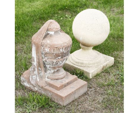 A carved stone urn,on a rectangular plinth,45cm high, anda composition ball finial,on a square base,40cm high (2)