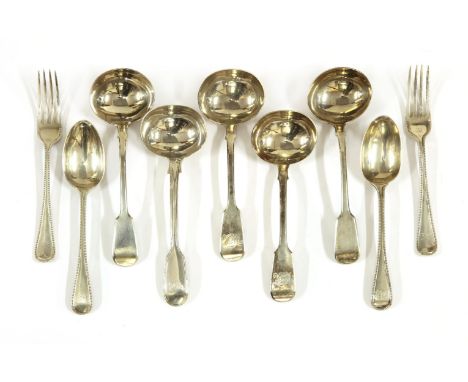 A Victorian silver fiddle &amp; thread pattern sauce ladle,by William Eaton, London 1841, four pieces of Victorian silver bea
