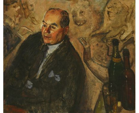 *Carel Weight RA (1908-1997)PORTRAIT OF J L PAVIA, HALF-LENGTH SEATED, WITH WINE BOTTLESverso PORTRAIT OF A GENTLEMANInscribe