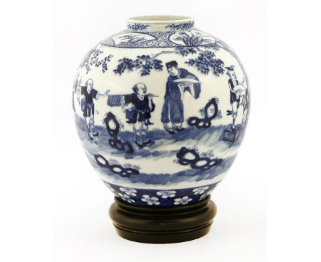 A Chinese blue and white vase,19th/20th century, of globular shape, painted with a group of musicians, jugglers and traders, 