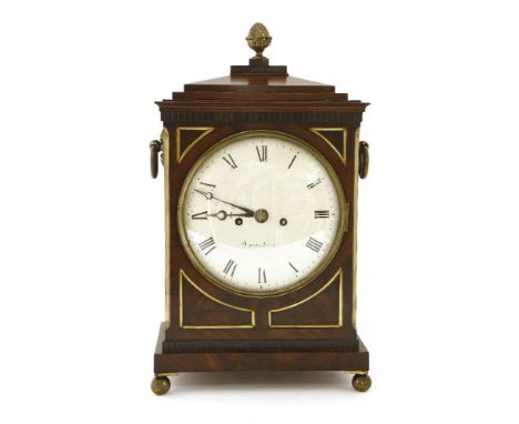 A Regency mahogany eight-day brass-mounted bracket clock,the dial inscribed 'Harris, Canterbury', supporting a twin fusee mov