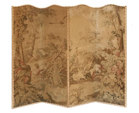 A four-leaf Brussels tapestry screen,worked with a classical landscape,each panel 61cm wide198cm high
