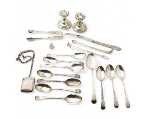 Set of six Victorian silver teaspoons Sheffield 1890 Maker Atkin Bros., various other teaspoons and tongs, engraved silver ve