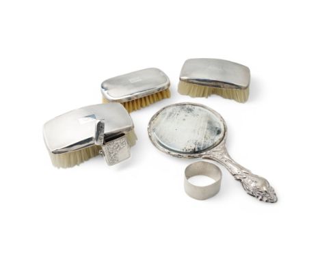 Pair of gentleman's engine turned silver backed hair brushes Birmingham 1950, single hair brush, silver vesta case, serviette