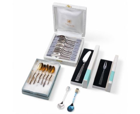 Set of six Norwegian 925 standard silver gilt coffee spoons with decorative black enamel stems, the box marked 'Gullsmed Kris
