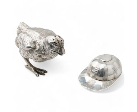   German silver novelty pepper pot in the form of a running chick, realistically modelled L8cm London 1922 Maker Berthold Her