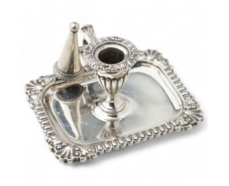 George IV rectangular silver chamber candlestick with snuffing hood, gadrooned and shell moulded border, angular handle and v