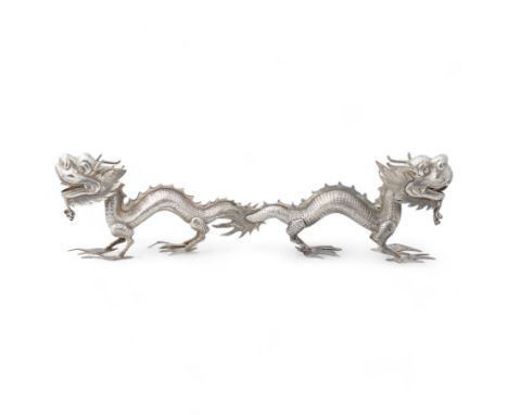 Pair of Chinese silver dragon menu holders with Chinese script mark, 90 and WH for Wang Hing L12cmCondition Report:Approx sil