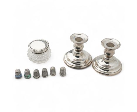 Pair of silver dressing table candlesticks London 1998,, silver mounted glass jar, Charles Horner silver thimble, two silver 