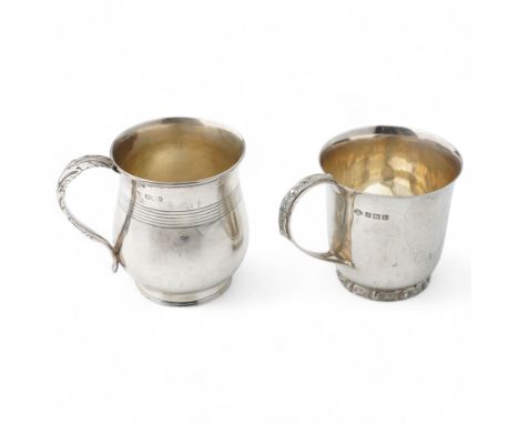 Silver christening mug with incised decoration and leaf capped handle H7cm Sheffield 1924 Maker Harrison Bros. and Howson and