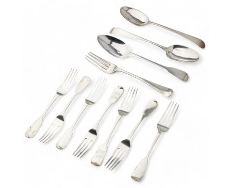 Four Victorian silver fiddle pattern dessert forks London 1844 Maker Charles Boyton, two other dessert forks, single table fo
