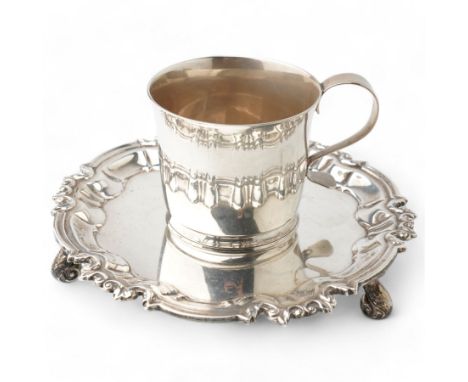 Silver card tray with pie crust border and scroll feet D15cm London 1906 Maker William Hutton & Sons and a silver cup H6cm Ma