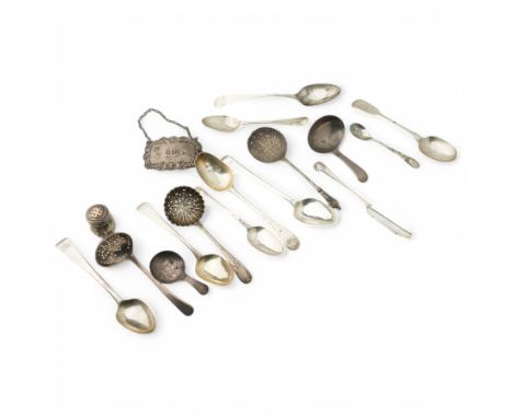 Two early 19th century silver caddy spoons, three sifting spoons, tea spoons, decanter label etcCondition Report:Approx silve