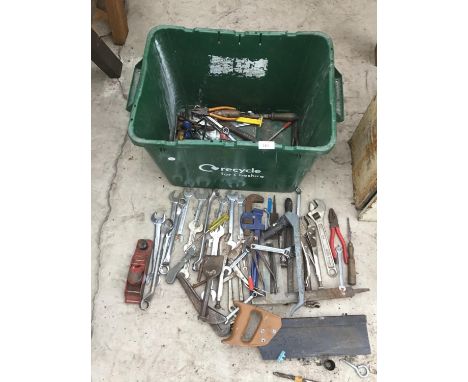 A LARGE COLLECTION OF TOOLS TO INCLUDE SPANNERS, SAW, PLANE, PLIERS, CHISELS, MOLE GRIPS ETC 