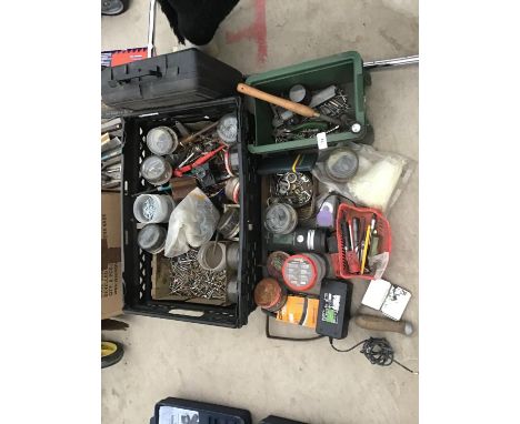 A LARGE COLLECTION OF SCREWS, NAILS, TACKS, TOOLS ETC 