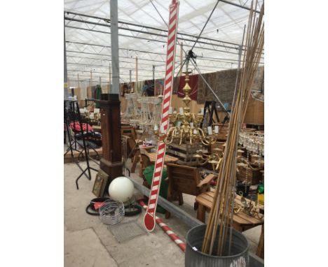 VARIOUS ITEMS TO INCLUDE A BARBERS POLE, A TALL CUT OUT THERMOMETER,GARDEN TOOLS ETC 