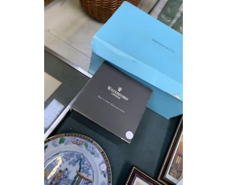 A TIFFANY &amp; CO BOXED GLASS SET AND FURTHER WATERFORD BOXED ITEM (2) 