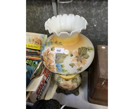 A VINTAGE GLASS HAND PAINTED OIL LAMP 