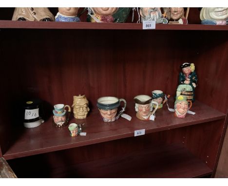 NINE ASSORTED CERAMIC CHARACTER JUGS, MINIATURE ROYAL DOULTON EXAMPLES ETC 
