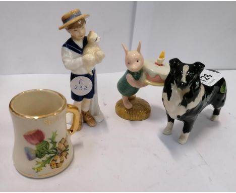 FOUR CERAMIC ITEMS - ROYAL DOULTON PIGLET, DOULTON 'SPECIAL FRIEND' FIGURE, BESWICK COLLIE DOG AND FLORALTANKARD 