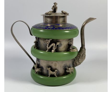 A CHINESE WHITE METAL AND JADE TYPE ZODIAC TEAPOT WITH CLOISONNÉ TOP, HEIGHT 12.5CM 