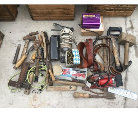VARIOUS MIXED TOOLS TO INCLUDE HAMMERS, SAW, FOOT PUMP, SCREWS ETC 