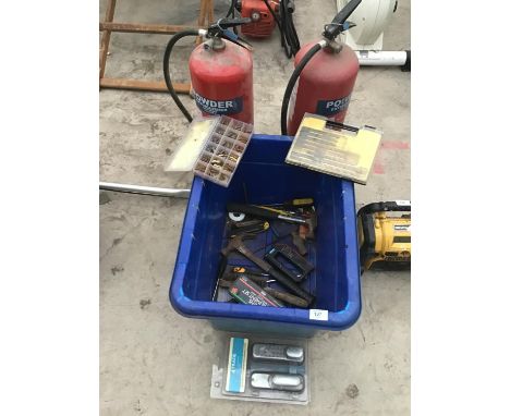 VARIOUS TOOLS TO INCLUDE A KEYPAD DOOR LOCK, HAMMERS, WIRE BRUSH AND TWO FIRE EXTINGUISHERS ETC 