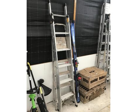 TWO PAIRS OF ALUMINIUM LADDERS TO INCLUDE AN ELEVEN RUNG TWO SECTION AND A FOUR RUNG STEP LADDER 