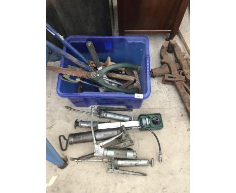 VARIOUS TOOLS TO INCLUDE GREASE GUNS, SHEARS, SAW, PICK ETC 