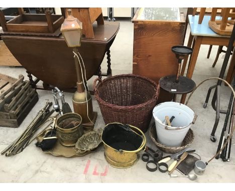 BRASSWARE ITEMS TO INCLUDE A LAMP, COAL BUCKET, TRAY ETC WICKER BASKETS, FLATWARE THREE TIER STAND ETC 