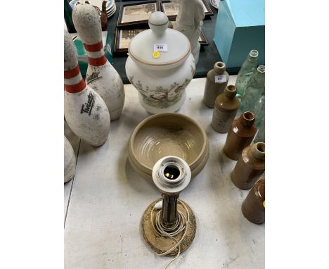 THREE ITEMS - HAND PAINTED OPAQUE LIDDED VASE, CANDLESTICK ETC 