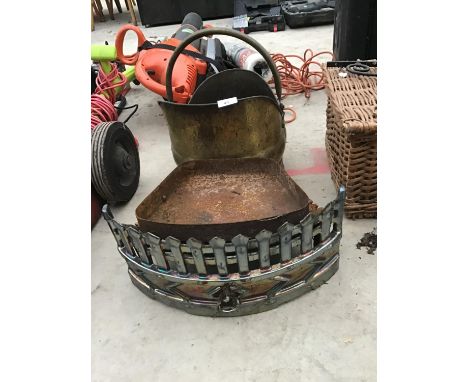 A BRASS COAL BUCKET AND FIRE GRATE WITH FRONT AND TRAY 