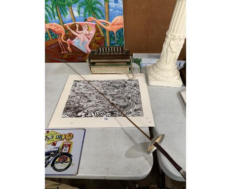 A SIGNED PRINT, FENCING EPEE AND MUSCIAL ITEM (3) 