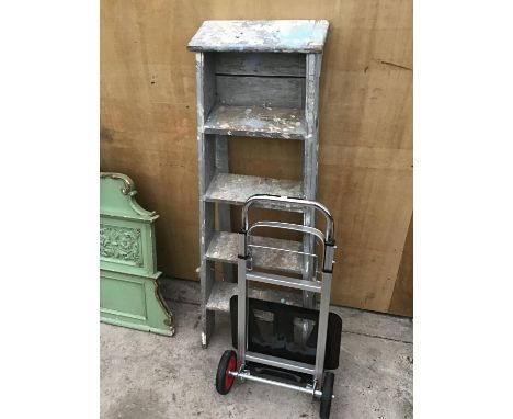 A VINTAGE FOUR RUNG WOODEN STEP LADDER AND AN AS NEW METAL FOLDING SACK TRUCK 