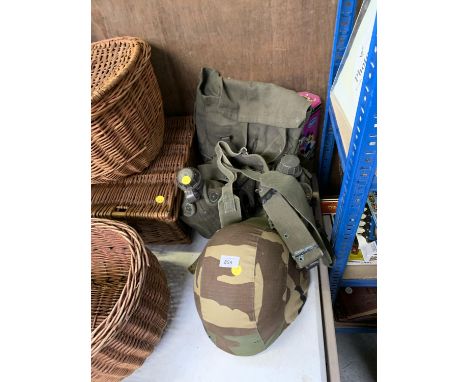 VARIOUS MILITARY ARMY CAMO ITEMS - HELMET, WEBBING, BAG ETC 