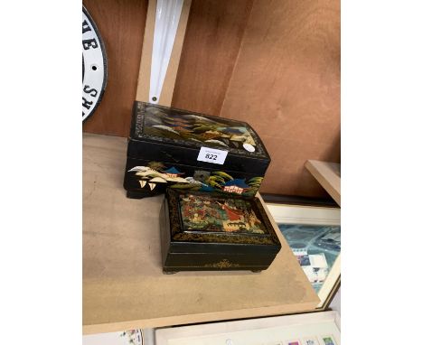 TWO WOODEN PAINTED ORIENTAL TRINKET BOXES 