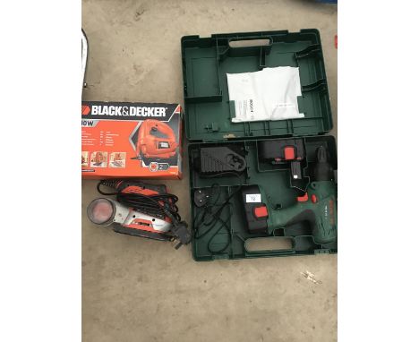 A CASED BOSCH CORDLESS DRILL, A BLACK AND DECKER JIGSAW AND A BLACK AND DECKER MOUSE SANDER ALL IN WORKING ORDER 