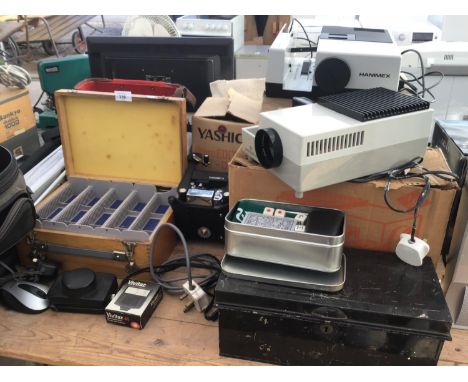 A COLLECTION OF PROJECTOR ITEMS TO INCLUDE HANIMEX, STORAGE BOX, METAL BOX YASHIO ETC 