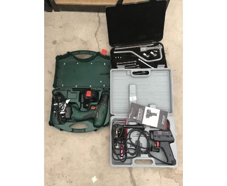 A CASED SOLDERING KIT, A BOSCH PSR960 CORDLESS DRILL WITH CHARGER IN CASE AND A SPANNER/SOCKET SET ALL IN  WORKING ORDER 