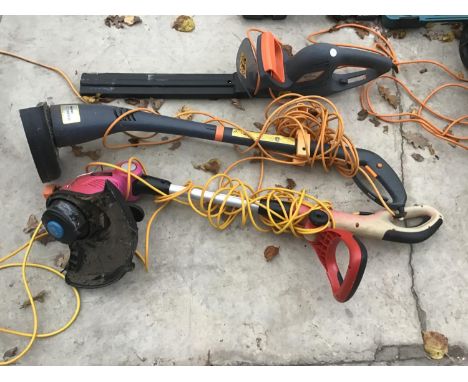 THREE ELECTRIC GARDEN TOOLS TO INCLUDE A CHALLENGE EXTREME STRIMMER, A CHALLENGE EXTREME HEDGECUTTER, AND AN IKRA TEC MOGATEC