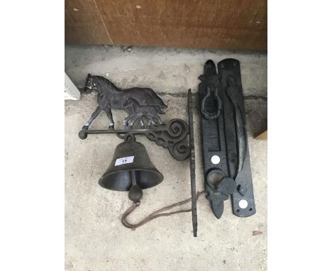 A MARE AND FOAL CAST IRON BELL, A LETTER BOX WITH KEYHOLE COVER AND KNOCKER AND A DOOR HANDLE 