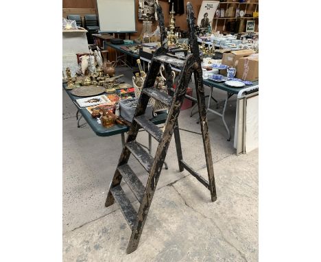 A SET OF VINTAGE WOODEN 'SIMPLEX' FOLDING STEP LADDERS 