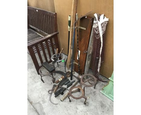 VARIOUS VINTAGE ITEMS TO INCLUDE TRIVETS, TOOLS, YOKE ETC 