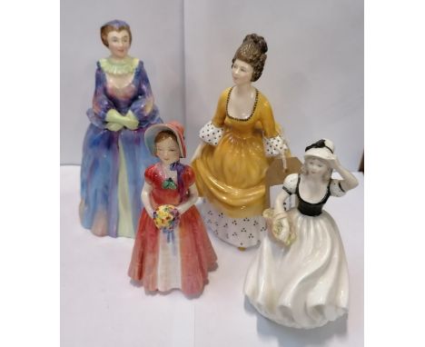 FOUR CERAMIC FIGURINES TO INCLUDE TWO ROYAL DOULTON LADIES 'CORALIE' AND 'DIANA' AND COALPORT 'SUSAN' FIGURE AND FURTHER FIGU