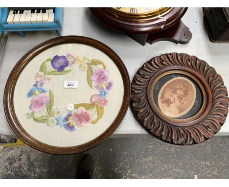 TWO ROUND FRAMED ITEMS - EMBROIDERED TRAY AND PORTRAIT 