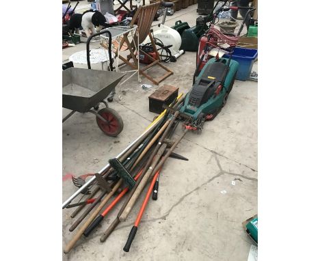 A BOSCH ELECTRIC LAWNMOWER, A METAL TOOL BOX, AND VARIOUS HAND TOOLS TO INCLUDE BRUSH, HOE, SCARIFIER  ETC IN WORKING ORDER 