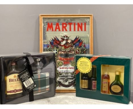 Martini framed mirror and Bells scotch whisky and hip flask