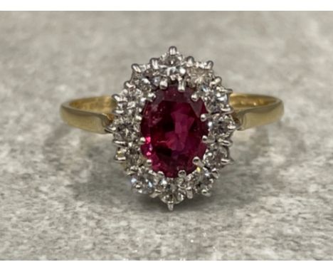 14ct Gold Ruby and Diamond cluster ring. Approx 1.8cts size T
