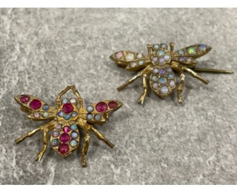 Pair of 9ct gold opal and gem set bug fly brooches. Vintage/Antique both in good condition